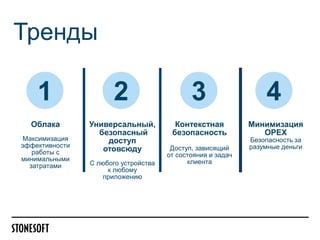 Тренды

1

2

3

4

Облака

Универсальный,
безопасный
доступ
отовсюду

Контекстная
безопасность

Минимизация
OPEX

Максимизация
эффективности
работы с
минимальными
затратами

С любого устройства
к любому
приложению

Доступ, зависящий
от состояния и задач
клиента

Безопасность за
разумные деньги

 