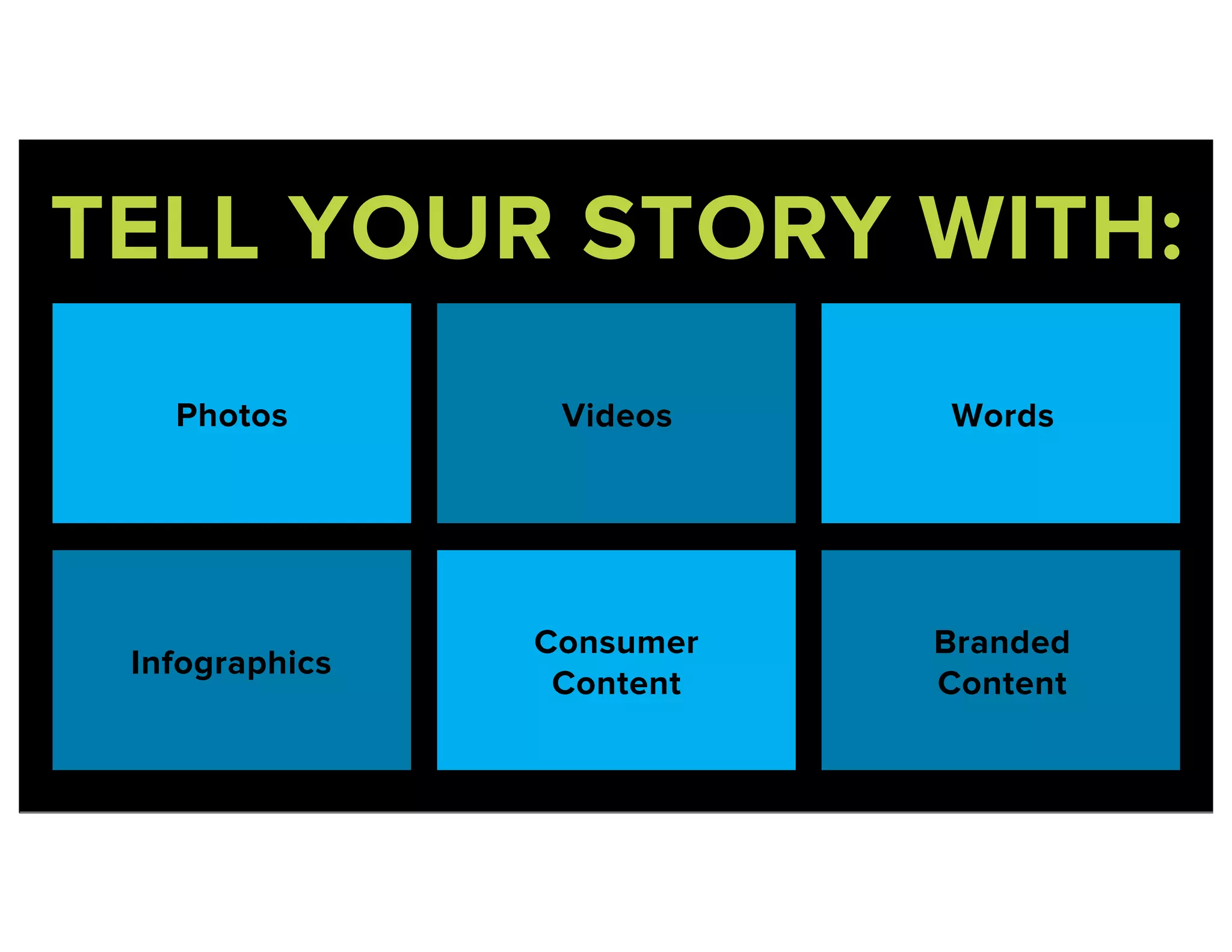 TELL YOUR STORY WITH:
Photos Videos Words
Infographics
Consumer
Content
Branded
Content
 