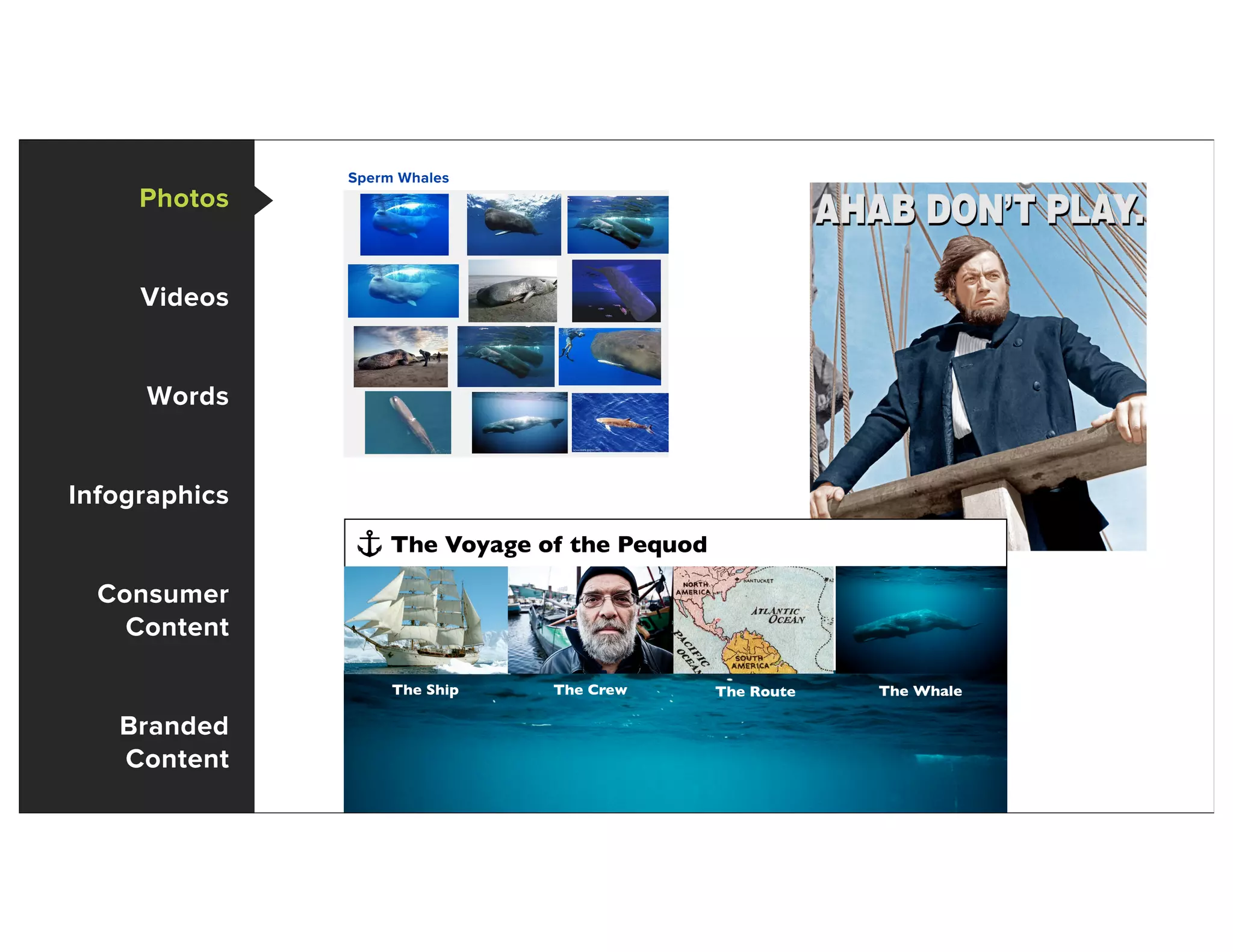 Photos
Videos
Words
Infographics
Consumer
Content
Branded
Content
Sperm Whales
The Voyage of the Pequod
The Ship The Crew The Route The Whale
 