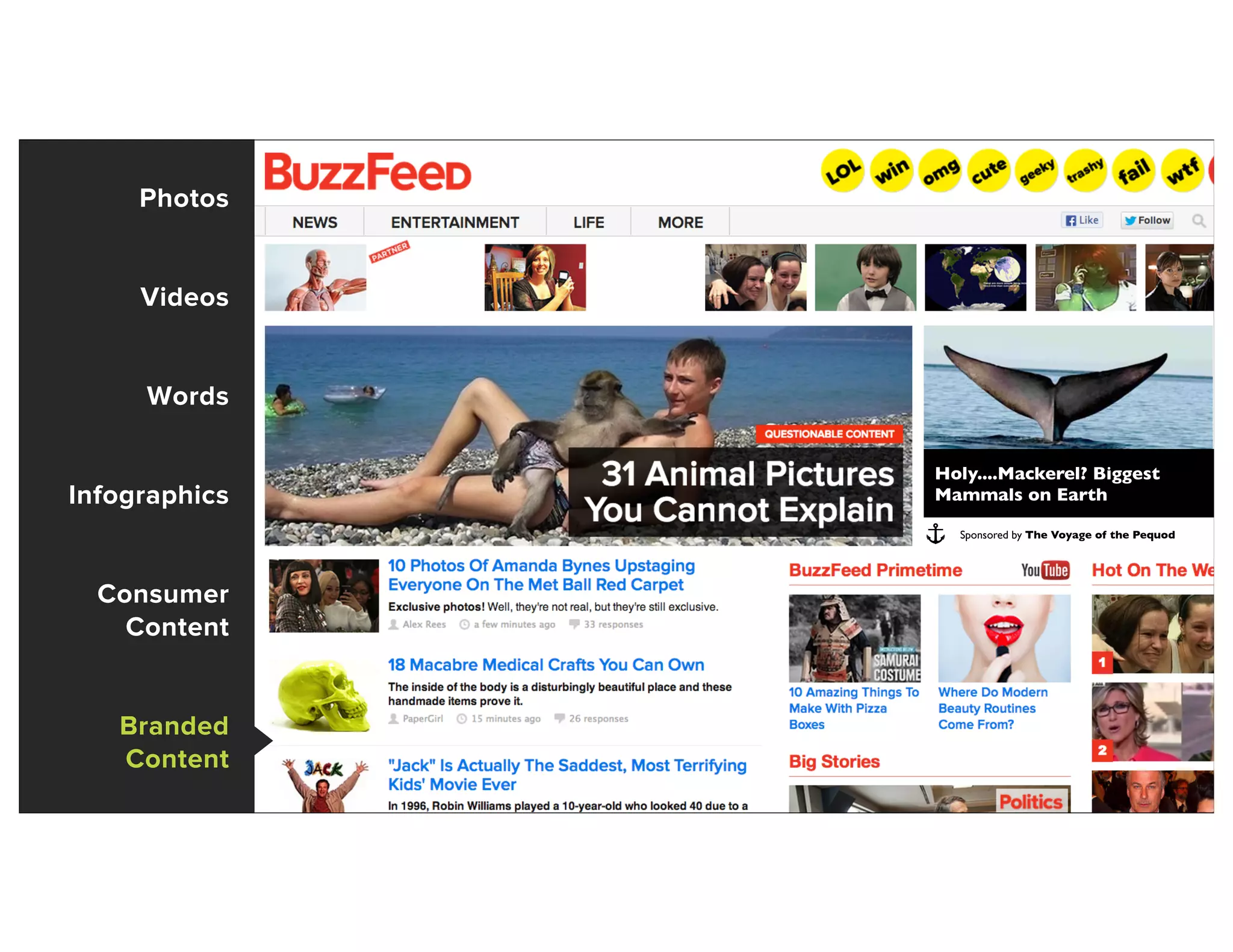 Photos
Videos
Words
Infographics
Consumer
Content
Branded
Content
Sponsored by The Voyage of the Pequod
Holy....Mackerel? Biggest
Mammals on Earth
 