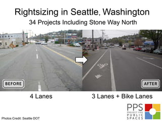Rightsizing in Seattle, Washington
                  34 Projects Including Stone Way North




                   4 Lanes             3 Lanes + Bike Lanes


Photos Credit: Seattle DOT
 