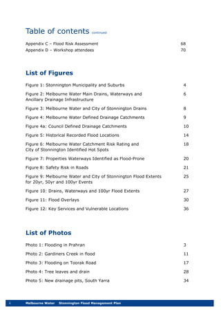 Table of contents continued
ii Melbourne Water Stonnington Flood Management Plan
Appendix C – Flood Risk Assessment 68
Appendix D – Workshop attendees 70
List of Figures
Figure 1: Stonnington Municipality and Suburbs 4
Figure 2: Melbourne Water Main Drains, Waterways and 6
Ancillary Drainage Infrastructure
Figure 3: Melbourne Water and City of Stonnington Drains 8
Figure 4: Melbourne Water Defined Drainage Catchments 9
Figure 4a: Council Defined Drainage Catchments 10
Figure 5: Historical Recorded Flood Locations 14
Figure 6: Melbourne Water Catchment Risk Rating and 18
City of Stonnington Identified Hot Spots
Figure 7: Properties Waterways Identified as Flood-Prone 20
Figure 8: Safety Risk in Roads 21
Figure 9: Melbourne Water and City of Stonnington Flood Extents 25
for 20yr, 50yr and 100yr Events
Figure 10: Drains, Waterways and 100yr Flood Extents 27
Figure 11: Flood Overlays 30
Figure 12: Key Services and Vulnerable Locations 36
List of Photos
Photo 1: Flooding in Prahran 3
Photo 2: Gardiners Creek in flood 11
Photo 3: Flooding on Toorak Road 17
Photo 4: Tree leaves and drain 28
Photo 5: New drainage pits, South Yarra 34
 
