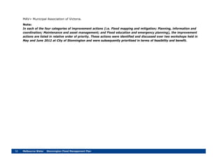 58 Melbourne Water Stonnington Flood Management Plan
MAV= Municipal Association of Victoria.
Note:
In each of the four categories of improvement actions (i.e. Flood mapping and mitigation; Planning, information and
coordination; Maintenance and asset management; and Flood education and emergency planning), the improvement
actions are listed in relative order of priority. These actions were identified and discussed over two workshops held in
May and June 2012 at City of Stonnington and were subsequently prioritised in terms of feasibility and benefit.
 
