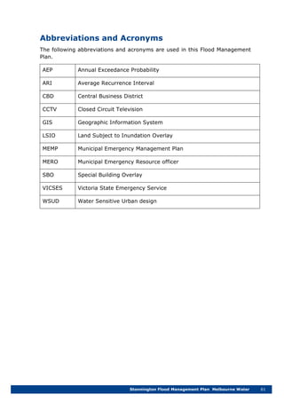 Stonnington Flood Management Plan Melbourne Water 61
Abbreviations and Acronyms
The following abbreviations and acronyms are used in this Flood Management
Plan.
AEP Annual Exceedance Probability
ARI Average Recurrence Interval
CBD Central Business District
CCTV Closed Circuit Television
GIS Geographic Information System
LSIO Land Subject to Inundation Overlay
MEMP Municipal Emergency Management Plan
MERO Municipal Emergency Resource officer
SBO Special Building Overlay
VICSES Victoria State Emergency Service
WSUD Water Sensitive Urban design
 