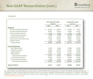 7
($ in thousands)
Non-GAAP Reconciliation (cont.)
This table presents non-GAAP financial measures that are used internally by the Partnership to measure Partnership operating performance. A
reconciliation of these non-GAAP financial measures with the most directly comparable financial measures presented in accordance with GAAP is
provided on page 14 of the earnings press release for the second quarter of 2016. You can find our earnings press release on our website,
www.stonemor.com/press-releases.
 