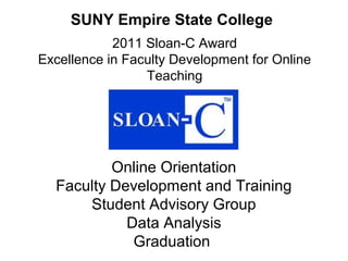 2011 Sloan-C Award
Excellence in Faculty Development for Online
Teaching
Online Orientation
Faculty Development and Training
Student Advisory Group
Data Analysis
Graduation
SUNY Empire State College
 
