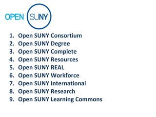 1. Open SUNY Consortium
2. Open SUNY Degree
3. Open SUNY Complete
4. Open SUNY Resources
5. Open SUNY REAL
6. Open SUNY Workforce
7. Open SUNY International
8. Open SUNY Research
9. Open SUNY Learning Commons
 