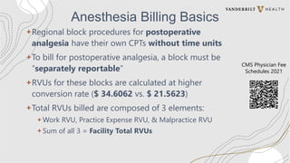 Anesthesia Billing Basics
+Regional block procedures for postoperative
analgesia have their own CPTs without time units
+To bill for postoperative analgesia, a block must be
“separately reportable”
+RVUs for these blocks are calculated at higher
conversion rate ($ 34.6062 vs. $ 21.5623)
+Total RVUs billed are composed of 3 elements:
+ Work RVU, Practice Expense RVU, & Malpractice RVU
+ Sum of all 3 = Facility Total RVUs
CMS Physician Fee
Schedules 2021
 