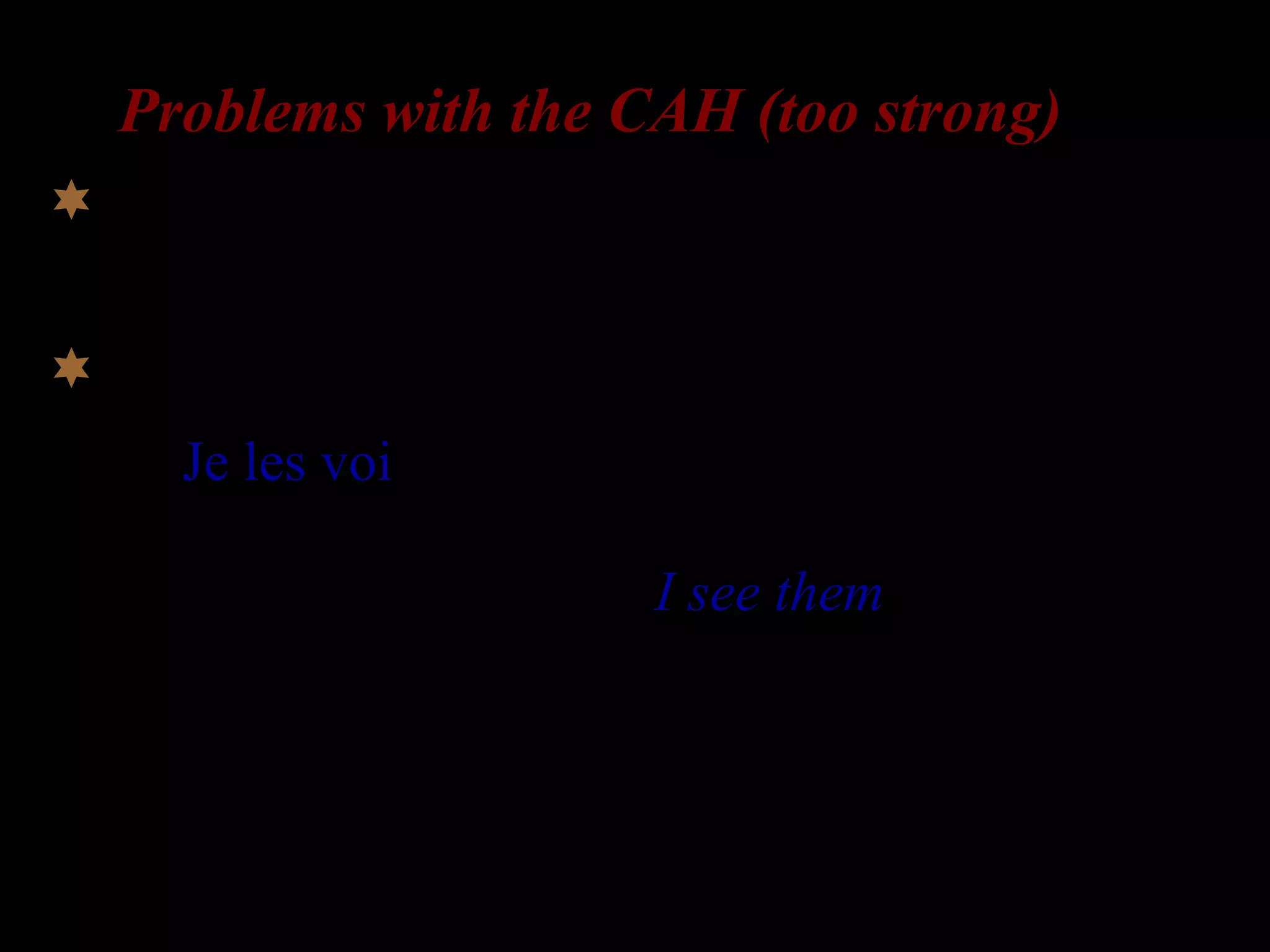 Problems with the CAH (too strong)
 non-occurrence of errors that are
predicted. (e.g. Zobl 1980)
 French
Je les voi
I them see
‘I see them’
English
I see them
*I them see.
 