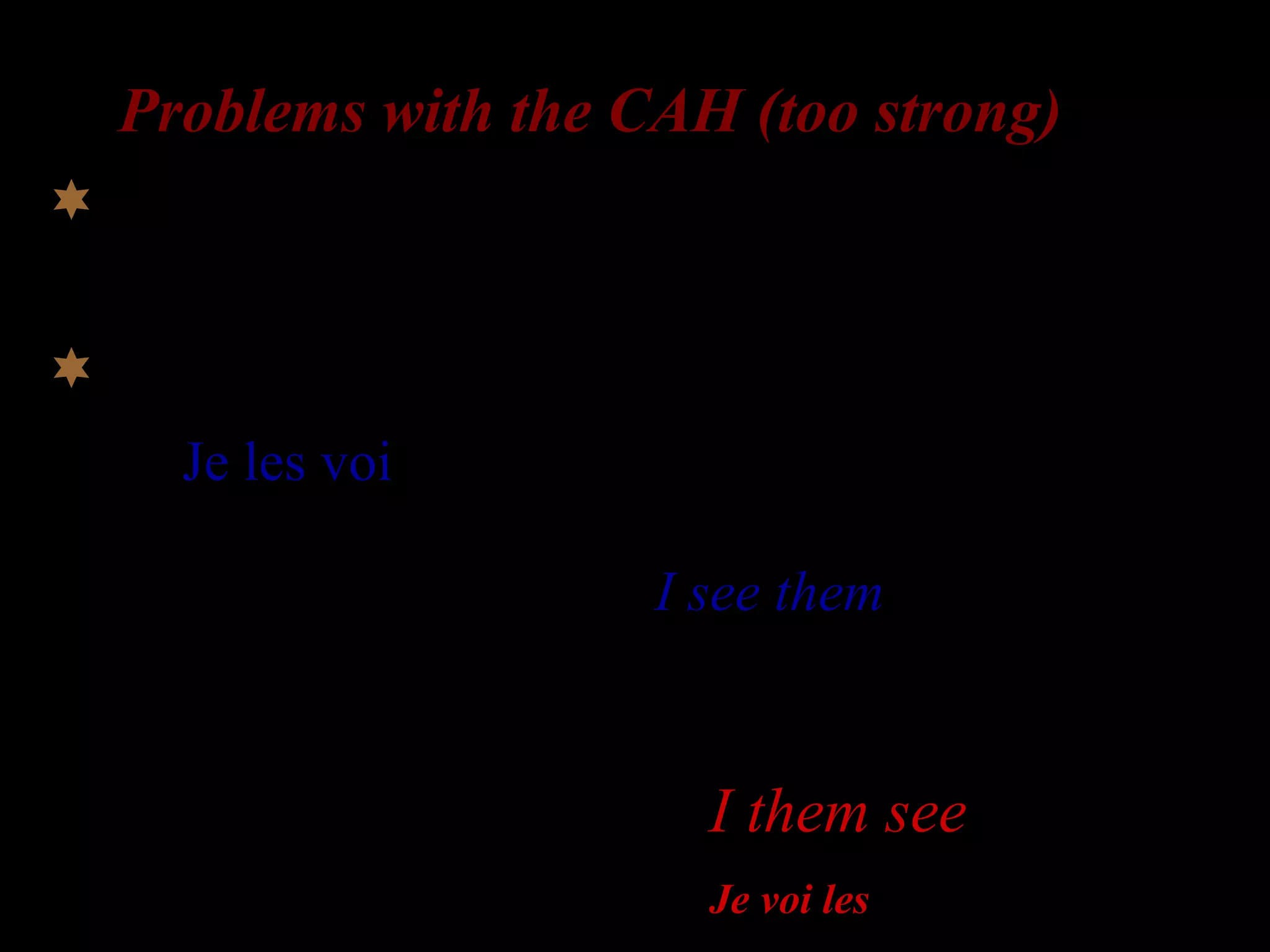Problems with the CAH (too strong)
 non-occurrence of errors that are
predicted. (e.g. Zobl 1980)
 French
Je les voi
I them see
‘I see them’
English
I see them
*I them see.
L1-French learners’ L2-English : *I them see
L2-English learner’s L1-French: Je voi les
 