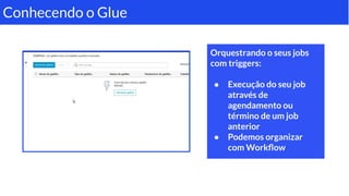 Conhecendo o Glue
Orquestrando o seus jobs
com triggers:
● Execução do seu job
através de
agendamento ou
término de um job
anterior
● Podemos organizar
com Workﬂow
 