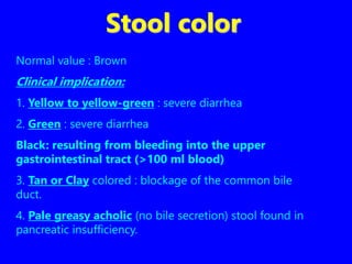 Stool color
Normal value : Brown
Clinical implication:
1. Yellow to yellow-green : severe diarrhea
2. Green : severe diarrhea
Black: resulting from bleeding into the upper
gastrointestinal tract (>100 ml blood)
3. Tan or Clay colored : blockage of the common bile
duct.
4. Pale greasy acholic (no bile secretion) stool found in
pancreatic insufficiency.
 