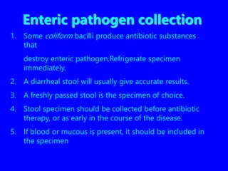 Enteric pathogen collection
1. Some coliform bacilli produce antibiotic substances
that
destroy enteric pathogen.Refrigerate specimen
immediately.
2. A diarrheal stool will usually give accurate results.
3. A freshly passed stool is the specimen of choice.
4. Stool specimen should be collected before antibiotic
therapy, or as early in the course of the disease.
5. If blood or mucous is present, it should be included in
the specimen
 