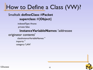 S.Ducasse 10
Smalltalk defineClass: #Packet
superclass: #{Object}
indexedType: #none
private: false
instanceVariableNames: 'addressee
originator contents'
classInstanceVariableNames: ''
imports: ''
category: 'LAN'
How to Define a Class (VW)?
 