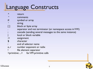 S.Ducasse 5
Language Constructs
^ return
“ comments
# symbol or array
‘ string
[ ] block or byte array
. separator and not terminator (or namespace access inVW)
; cascade (sending several messages to the same instance)
| local or block variable
:= assignment
$ character
: end of selector name
e, r number exponent or radix
! file element separator
<primitive: ...> forVM primitive calls
 