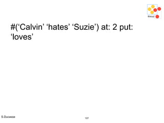 S.Ducasse 107
#(‘Calvin’ ‘hates’ ‘Suzie’) at: 2 put:
‘loves’
 