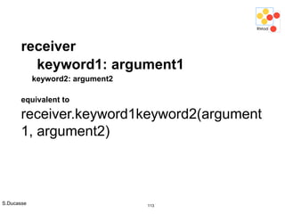 S.Ducasse 113
receiver
keyword1: argument1
keyword2: argument2
equivalent to
receiver.keyword1keyword2(argument
1, argument2)
 