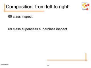 S.Ducasse 126
Composition: from left to right!
69 class inspect
69 class superclass superclass inspect
 