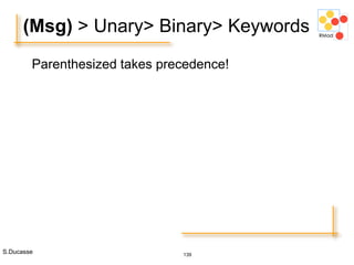 S.Ducasse 139
Parenthesized takes precedence!
(Msg) > Unary> Binary> Keywords
 