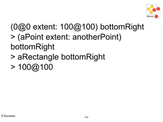 S.Ducasse 143
(0@0 extent: 100@100) bottomRight
> (aPoint extent: anotherPoint)
bottomRight
> aRectangle bottomRight
> 100@100
 