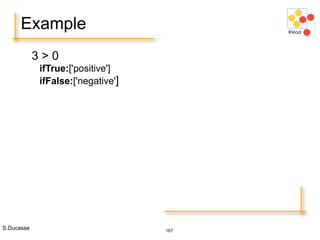 S.Ducasse 167
Example
3 > 0
ifTrue:['positive']
ifFalse:['negative']
 