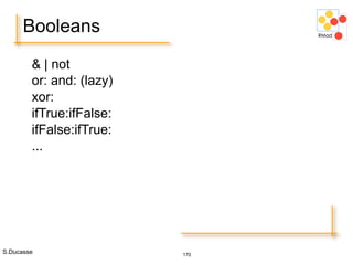 S.Ducasse 170
Booleans
& | not
or: and: (lazy)
xor:
ifTrue:ifFalse:
ifFalse:ifTrue:
...
 