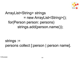 S.Ducasse 187
ArrayList<String> strings
= new ArrayList<String>();
for(Person person: persons)
strings.add(person.name());
strings :=
persons collect [:person | person name].
 