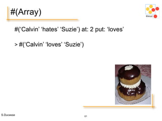 S.Ducasse 61
#(Array)
#(‘Calvin’ ‘hates’ ‘Suzie’) at: 2 put: ‘loves’
> #(‘Calvin’ ‘loves’ ‘Suzie’)
 
