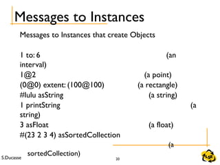 S.Ducasse 20
Messages to Instances
Messages to Instances that create Objects
1 to: 6 (an
interval)
1@2 (a point)
(0@0) extent: (100@100) (a rectangle)
#lulu asString (a string)
1 printString (a
string)
3 asFloat (a float)
#(23 2 3 4) asSortedCollection
(a
sortedCollection)
 
