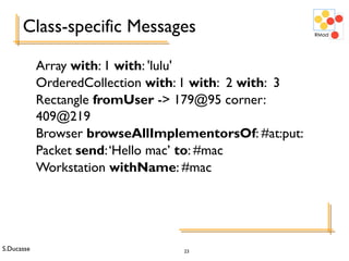 S.Ducasse 23
Class-specific Messages
Array with: 1 with: 'lulu'
OrderedCollection with: 1 with: 2 with: 3
Rectangle fromUser -> 179@95 corner:
409@219
Browser browseAllImplementorsOf: #at:put:
Packet send:‘Hello mac’ to: #mac
Workstation withName: #mac
 