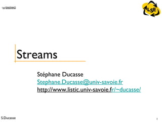 S.Ducasse 1
QuickTime™ and aTIFF (Uncompressed) decompressorare needed to see this picture.
Stéphane Ducasse
Stephane.Ducasse@univ-savoie.fr
http://www.listic.univ-savoie.fr/~ducasse/
Streams
 