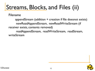 S.Ducasse 12
Filename
appendStream (addition + creation if file doesnot exists)
newReadAppendStream, newReadWriteStream (if
receiver exists, contents removed)
readAppendStream, readWriteStream, readStream,
writeStream
Streams, Blocks, and Files (ii)
 