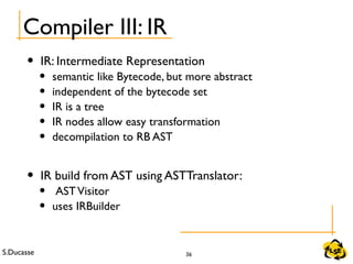 S.Ducasse 36
Compiler III: IR
• IR: Intermediate Representation
• semantic like Bytecode, but more abstract
• independent of the bytecode set
• IR is a tree
• IR nodes allow easy transformation
• decompilation to RB AST
• IR build from AST using ASTTranslator:
• ASTVisitor
• uses IRBuilder
 