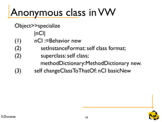 S.Ducasse 59
Anonymous class inVW
Object>>specialize
|nCl|
(1) nCl :=Behavior new
(2) setInstanceFormat: self class format;
(2) superclass: self class;
methodDictionary:MethodDictionary new.
(3) self changeClassToThatOf: nCl basicNew
 