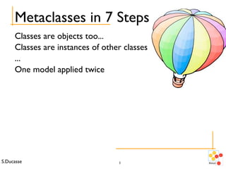 S.Ducasse 1
Metaclasses in 7 Steps
Classes are objects too...
Classes are instances of other classes
...
One model applied twice
 