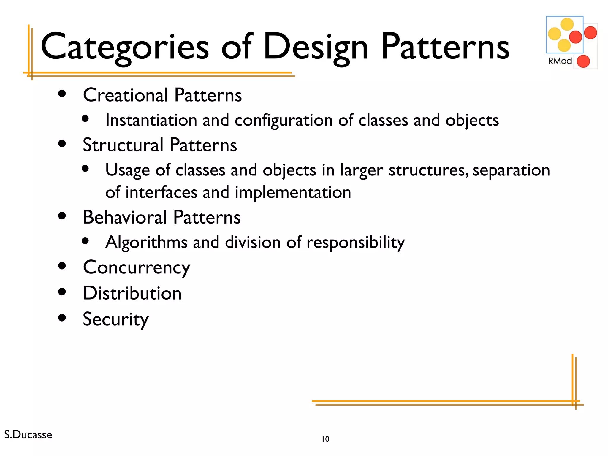 Creational Patterns Instantiation and configuration of classes and objects Structural Patterns Usage of classes and objects in larger structures, separation of interfaces and implementation Behavioral Patterns Algorithms and division of responsibility Concurrency Distribution Security Categories of Design Patterns 