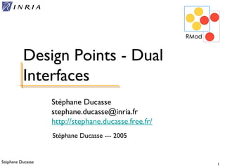 Stéphane Ducasse 1
Stéphane Ducasse
stephane.ducasse@inria.fr
http://stephane.ducasse.free.fr/
Design Points - Dual
Interfaces
Stéphane Ducasse --- 2005
 