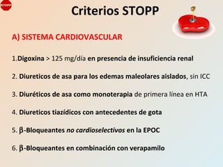 A) SISTEMA CARDIOVASCULAR
1.Digoxina > 125 mg/día en presencia de insuficiencia renal
2. Diureticos de asa para los edemas maleolares aislados, sin ICC
3. Diuréticos de asa como monoterapia de primera línea en HTA
4. Diureticos tiazídicos con antecedentes de gota
5. β-Bloqueantes no cardioselectivos en la EPOC
6. β-Bloqueantes en combinación con verapamilo
Criterios STOPP
 