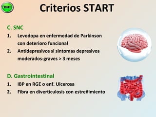 C. SNC
1. Levodopa en enfermedad de Parkinson
con deterioro funcional
2. Antidepresivos si sintomas depresivos
moderados-graves > 3 meses
D. Gastrointestinal
1. IBP en RGE o enf. Ulcerosa
2. Fibra en diverticulosis con estreñimiento
Criterios START
 
