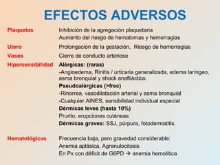 Plaquetas Inhibición de la agregación plaquetaria
Aumento del riesgo de hematomas y hemorragias
Utero Prolongación de la gestación, Riesgo de hemorragias
Vasos Cierre de conducto arterioso
Hipersensibilidad Alérgicas: (raras)
-Angioedema, Rinitis / urticaria generalizada, edema laríngeo,
asma bronquial y shock anafliáctico.
Pseudoalérgicas (>frec)
-Rinorrea, vasodilatación arterial y asma bronquial
-Cualquier AINES, sensibilidad individual especial
Dérmicas leves (hasta 10%)
Prurito, erupciones cutáneas
Dérmicas graves: SSJ, púrpura, fotodermatitis.
Hematológicas Frecuencia baja, pero gravedad considerable:
Anemia aplásica, Agranulocitosis
En Px con déficit de G6PD  anemia hemolítica
EFECTOS ADVERSOS
 