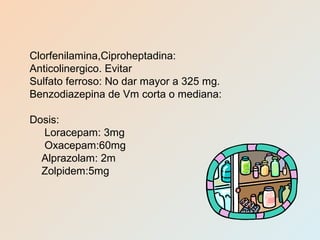 Clorfenilamina,Ciproheptadina:
Anticolinergico. Evitar
Sulfato ferroso: No dar mayor a 325 mg.
Benzodiazepina de Vm corta o mediana:
Dosis:
Loracepam: 3mg
Oxacepam:60mg
Alprazolam: 2m
Zolpidem:5mg
 