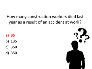 How many construction workers died last
year as a result of an accident at work?
a) 43
b) 135
c) 350
d) 350
 