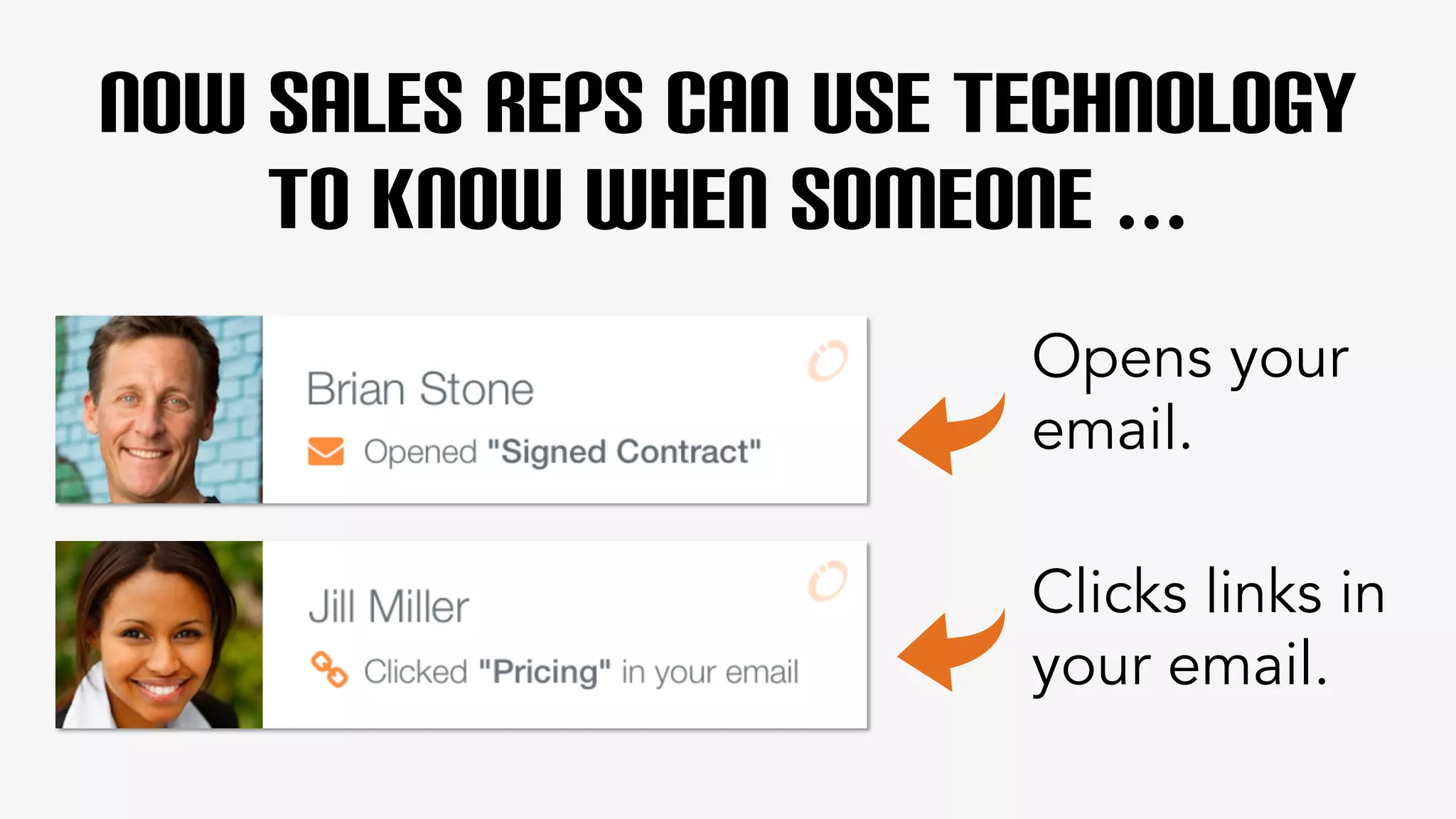 Now Sales Reps Can use Technology 
To know when SOMEONE ... 
Opens your 
email. 
Clicks links in 
your email. 
 