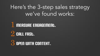 Here’s the 3-step sales strategy 
1 
2 
3 
we’ve found works: 
Measure Engagement. 
Call fast. 
OPEN WITH CONTEXT. 
 