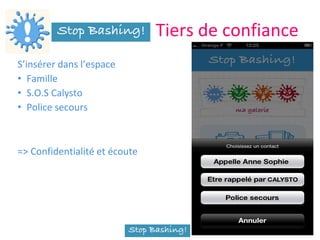 Tiers de confiance
S’insérer dans l’espace
• Famille
• S.O.S Calysto
• Police secours
=> Confidentialité et écoute
 