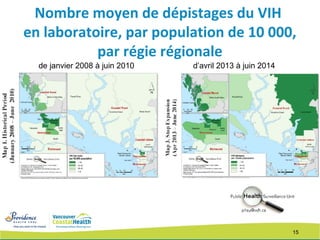 15
Nombre moyen de dépistages du VIH
en laboratoire, par population de 10 000,
par régie régionale
de janvier 2008 à juin 2010 d’avril 2013 à juin 2014
 