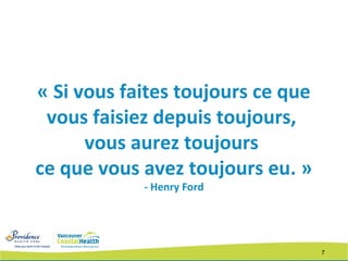 7
« Si vous faites toujours ce que
vous faisiez depuis toujours,
vous aurez toujours
ce que vous avez toujours eu. »
- Henry Ford
 