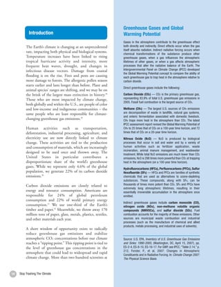 Greenhouse Gases and Global
            Introduction                                              Warming Potential
                                                                      Gases in the atmosphere contribute to the greenhouse effect
          The Earth’s climate is changing at an unprecedented         both directly and indirectly. Direct effects occur when the gas
                                                                      itself absorbs radiation. Indirect radiative forcing occurs when
          rate, impacting both physical and biological systems.
                                                                      chemical transformations of the substance produce other
          Temperature increases have been linked to rising            greenhouse gases, when a gas influences the atmospheric
          tropical hurricane activity and intensity, more             lifetimes of other gases, or when a gas affects atmospheric
          frequent heat waves, drought, and changes in                processes that alter the radiative balance of the Earth. The
          infectious disease vectors. Damage from coastal             Intergovernmental Panel on Climate Change (IPCC) developed
                                                                      the Global Warming Potential concept to compare the ability of
          flooding is on the rise. Fires and pests are causing        each greenhouse gas to trap heat in the atmosphere relative to
          more damage to forests. The allergenic pollen season        carbon dioxide.
          starts earlier and lasts longer than before. Plant and
                                                                      Direct greenhouse gases include the following:
          animal species’ ranges are shifting, and we may be on
          the brink of the largest mass extinction in history.28      Carbon Dioxide (CO2) — CO2 is the primary greenhouse gas,
          Those who are most impacted by climate change,              representing 83.9% of total U.S. greenhouse gas emissions in
                                                                      2005. Fossil fuel combustion is the largest source of CO2.
          both globally and within the U.S., are people of color
          and low-income and indigenous communities – the             Methane (CH4) — The largest U.S. sources of CH4 emissions
          same people who are least responsible for climate-          are decomposition of waste in landfills, natural gas systems,
                                                                      and enteric fermentation associated with domestic livestock.
          changing greenhouse gas emissions.29                        CH4 traps more heat in the atmosphere than CO2. The latest
                                                                      IPCC assessment report revised the Global Warming Potential of
          Human activities such as transportation,                    CH4 to 25 times that of CO2 on a 100-year time horizon, and 72
          deforestation, industrial processing, agriculture, and      times that of CO2 on a 20-year time horizon.
          electricity use are now directly linked to climate          Nitrous Oxide (N2O) — N2O is produced by biological
          change. These activities are tied to the production         processes that occur in soil and water and by a variety of
          and consumption of materials, which are increasingly        human activities such as fertilizer application, waste
                                                                      incineration, animal manure management, and wastewater
          designed to be used once and thrown away. The
                                                                      treatment. While total N2O emissions are much lower than CO2
          United States in particular contributes a                   emissions, N2O is 298 times more powerful than CO2 at trapping
          disproportionate share of the world’s greenhouse            heat in the atmosphere (on a 100-year time horizon).
          gases. While we represent only 4.6% of the global
                                                                      Hydrofluorocarbons (HFCs), Perfluorocarbons (PFCs), Sulfur
          population, we generate 22% of its carbon dioxide           Hexafluoride (SF6) — HFCs and PFCs are families of synthetic
          emissions.30                                                chemicals that are used as alternatives to ozone-depleting
                                                                      substances. These compounds, along with SF6, can be
          Carbon dioxide emissions are closely related to             thousands of times more potent than CO2. SF6 and PFCs have
                                                                      extremely long atmospheric lifetimes, resulting in their
          energy and resource consumption. Americans are              essentially irreversible accumulation in the atmosphere once
          responsible for 24% of global petroleum                     emitted.
          consumption and 22% of world primary energy
                                                                      Indirect greenhouse gases include carbon monoxide (CO),
          consumption.31 We use one-third of the Earth’s              nitrogen oxide (NOx), non-methane volatile organic
          timber and paper.32 Meanwhile, we throw away 170            compounds (NMVOCs), and sulfur dioxide (SO2). Fuel
          million tons of paper, glass, metals, plastics, textiles,   combustion accounts for the majority of these emissions. Other
          and other materials each year.                              sources are municipal waste combustion and industrial
                                                                      processes (such as the manufacture of chemical and allied
                                                                      products, metals processing, and industrial uses of solvents).
          A short window of opportunity exists to radically
          reduce greenhouse gas emissions and stabilize
          atmospheric CO2 concentrations before our climate           Source: U.S. EPA, Inventory of U.S. Greenhouse Gas Emissions
          reaches a “tipping point.” This tipping point is tied to    and Sinks: 1990-2005, (Washington, DC, April 15, 2007), pp.
          the level of greenhouse gas concentrations in the           ES-2-4, ES-8-10, ES-16-17. For GWP, see IPCC, “Table 2.14,” p.
                                                                      212, Forster, P., et al, 2007: Changes in Atmospheric
          atmosphere that could lead to widespread and rapid
                                                                      Constituents and in Radiative Forcing. In: Climate Change 2007:
          climate change. More than two hundred scientists at         The Physical Science Basis.



14   Stop Trashing The Climate
 