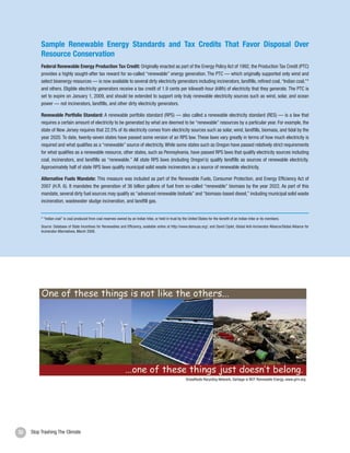 Sample Renewable Energy Standards and Tax Credits That Favor Disposal Over
          Resource Conservation
          Federal Renewable Energy Production Tax Credit: Originally enacted as part of the Energy Policy Act of 1992, the Production Tax Credit (PTC)
          provides a highly sought-after tax reward for so-called “renewable” energy generation. The PTC — which originally supported only wind and
          select bioenergy resources — is now available to several dirty electricity generators including incinerators, landfills, refined coal, “Indian coal,”*
          and others. Eligible electricity generators receive a tax credit of 1.9 cents per kilowatt-hour (kWh) of electricity that they generate. The PTC is
          set to expire on January 1, 2009, and should be extended to support only truly renewable electricity sources such as wind, solar, and ocean
          power — not incinerators, landfills, and other dirty electricity generators.

          Renewable Portfolio Standard: A renewable portfolio standard (RPS) — also called a renewable electricity standard (RES) — is a law that
          requires a certain amount of electricity to be generated by what are deemed to be “renewable” resources by a particular year. For example, the
          state of New Jersey requires that 22.5% of its electricity comes from electricity sources such as solar, wind, landfills, biomass, and tidal by the
          year 2020. To date, twenty-seven states have passed some version of an RPS law. These laws vary greatly in terms of how much electricity is
          required and what qualifies as a “renewable” source of electricity. While some states such as Oregon have passed relatively strict requirements
          for what qualifies as a renewable resource, other states, such as Pennsylvania, have passed RPS laws that qualify electricity sources including
          coal, incinerators, and landfills as “renewable.” All state RPS laws (including Oregon’s) qualify landfills as sources of renewable electricity.
          Approximately half of state RPS laws qualify municipal solid waste incinerators as a source of renewable electricity.

          Alternative Fuels Mandate: This measure was included as part of the Renewable Fuels, Consumer Protection, and Energy Efficiency Act of
          2007 (H.R. 6). It mandates the generation of 36 billion gallons of fuel from so-called “renewable” biomass by the year 2022. As part of this
          mandate, several dirty fuel sources may qualify as “advanced renewable biofuels” and “biomass-based diesel,” including municipal solid waste
          incineration, wastewater sludge incineration, and landfill gas.


          * “Indian coal” is coal produced from coal reserves owned by an Indian tribe, or held in trust by the United States for the benefit of an Indian tribe or its members.
          Source: Database of State Incentives for Renewables and Efficiency, available online at http://www.dsireusa.org/; and David Ciplet, Global Anti-Incinerator Alliance/Global Alliance for
          Incinerator Alternatives, March 2008.




                                                                                                              GrassRoots Recycling Network, Garbage is NOT Renewable Energy, www.grrn.org




32   Stop Trashing The Climate
 
