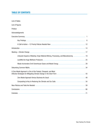 TABLE OF CONTENTS


List of Tables

List of Figures

Preface

Acknowledgments

Executive Summary                                                                                                 1

          Key Findings                                                                                            6

          A Call to Action – 12 Priority Policies Needed Now                                                    12

Introduction                                                                                                    14

Wasting = Climate Change                                                                                        17

          Lifecycle Impacts of Wasting: Virgin Material Mining, Processing, and Manufacturing                   19

          Landfills Are Huge Methane Producers                                                                  25

          Waste Incinerators Emit Greenhouse Gases and Waste Energy                                             29

Debunking Common Myths                                                                                          34

A Zero Waste Approach is One of the Fastest, Cheapest, and Most
Effective Strategies for Mitigating Climate Change in the Short Term                                            43

          Zero Waste Approach Versus Business As Usual                                                          49

          Composting Is Key to Restoring the Climate and Our Soils                                              54

New Policies and Tools Are Needed                                                                               59

Conclusions                                                                                                     66

Endnotes                                                                                                        71




                                                                                                Stop Trashing The Climate
 